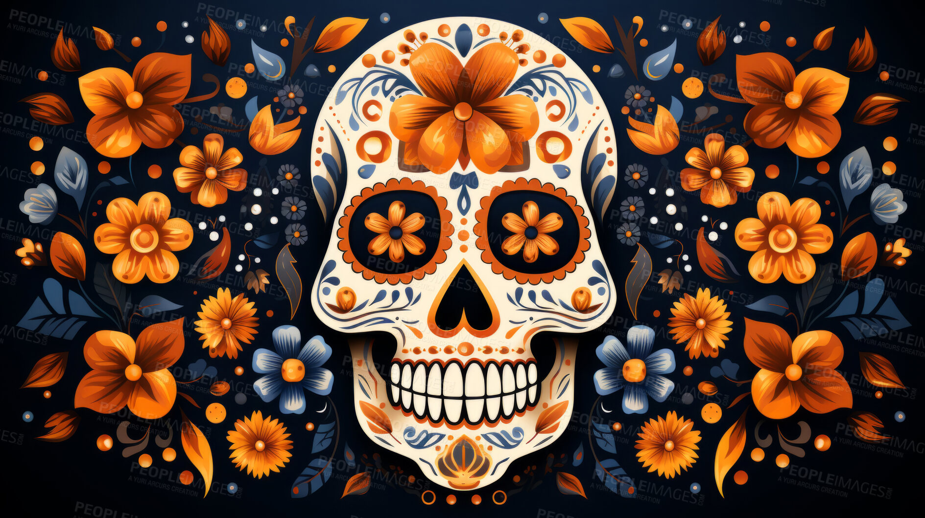 Buy stock photo Day of the dead, sugar skull, colourful painting design, illustration.