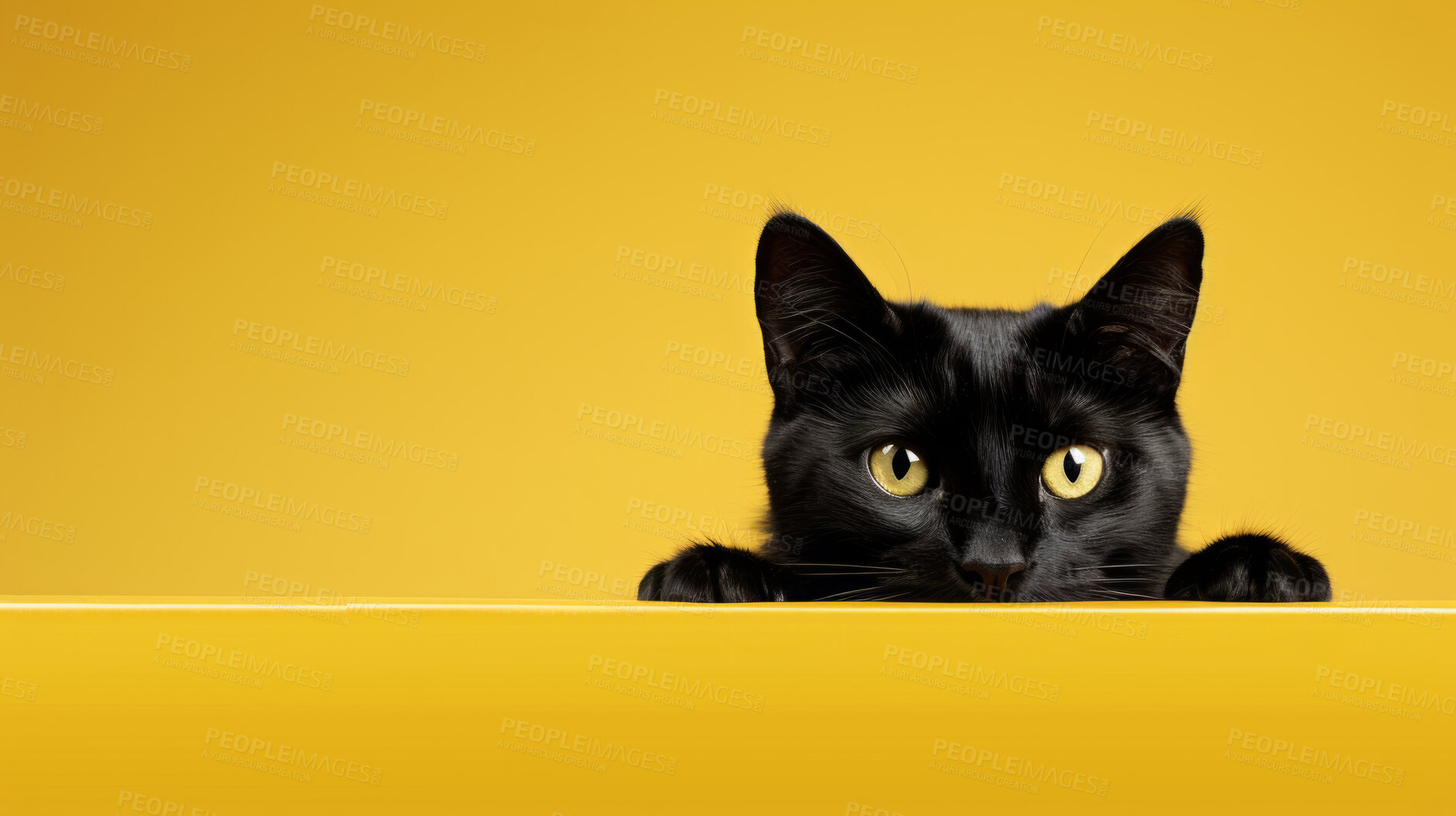 Buy stock photo Curious black cat looking across table, yellow background.