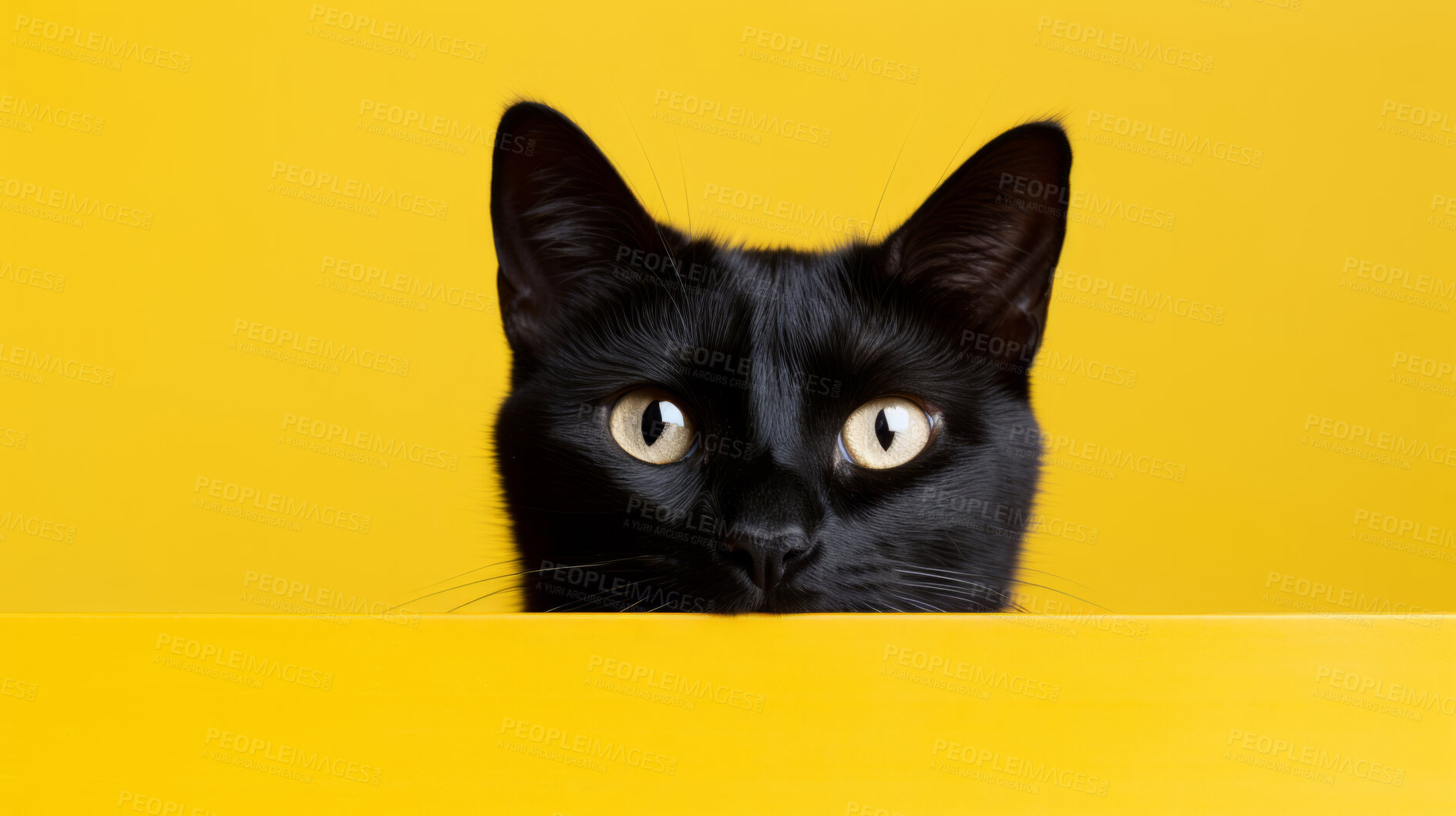 Buy stock photo Curious black cat looking across table, yellow background.