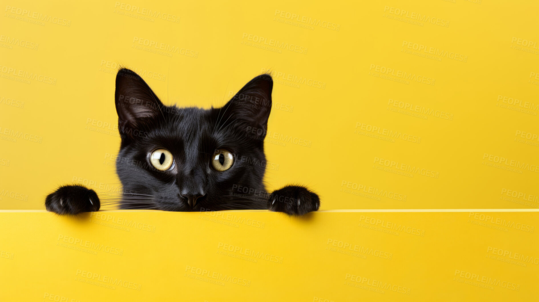 Buy stock photo Curious black cat looking across table, yellow background.