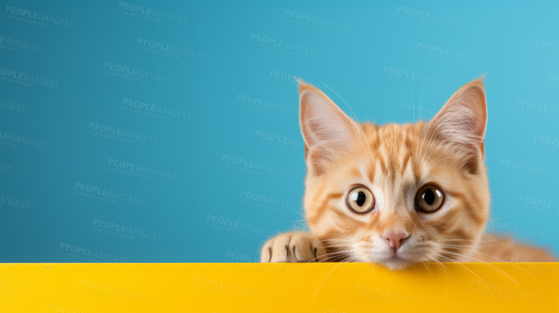 Buy stock photo Curious cat looking across table, colourful background.