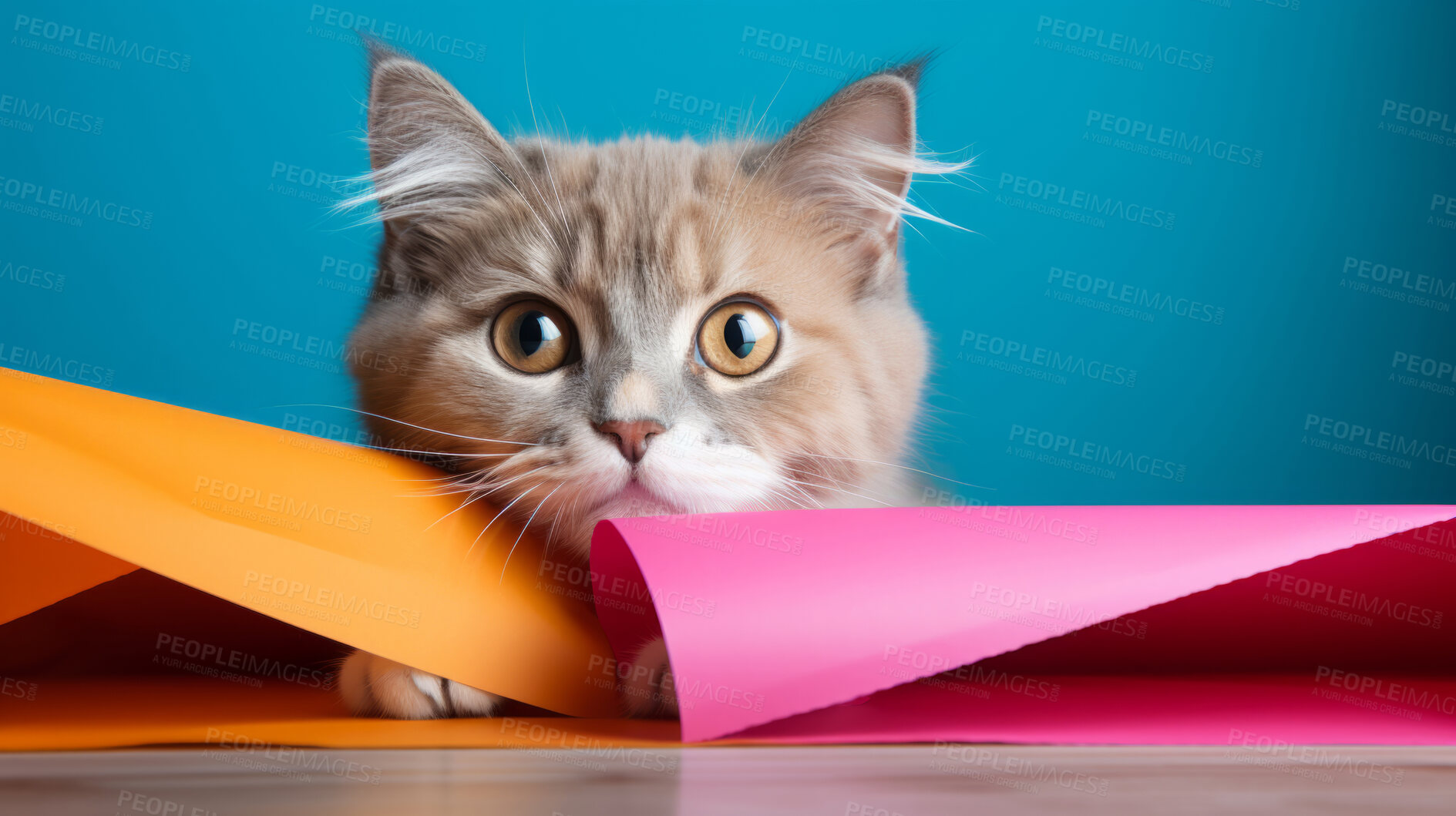 Buy stock photo Curious cat looking across table, colourful background.