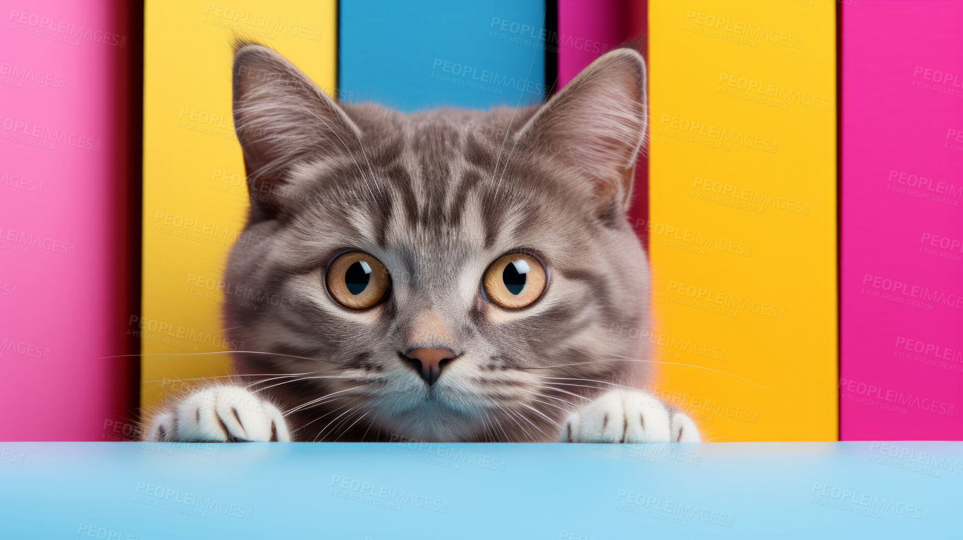 Buy stock photo Curious cat looking across table, colourful background.