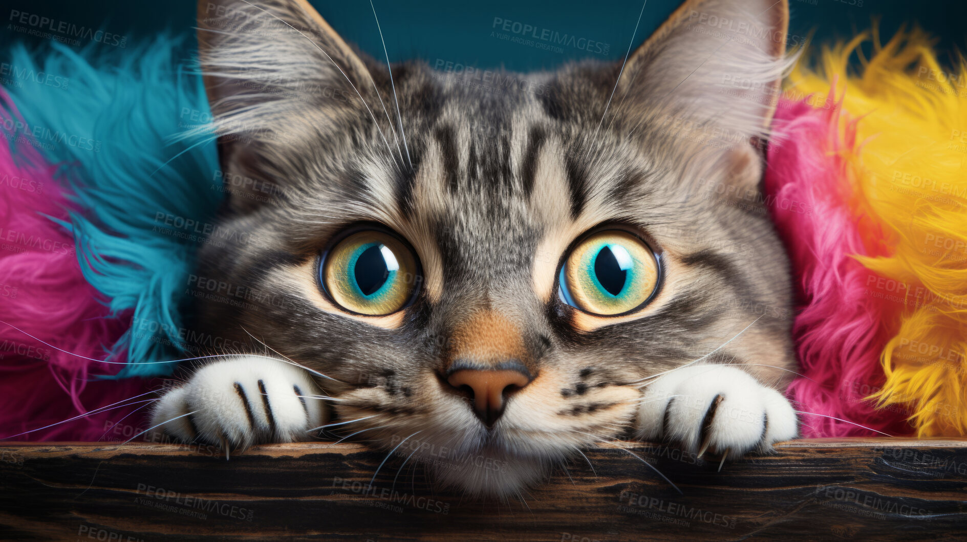 Buy stock photo Curious cat looking across table, colourful background.