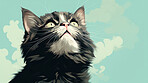 Happy smiling cat on blue green background, illustrated.