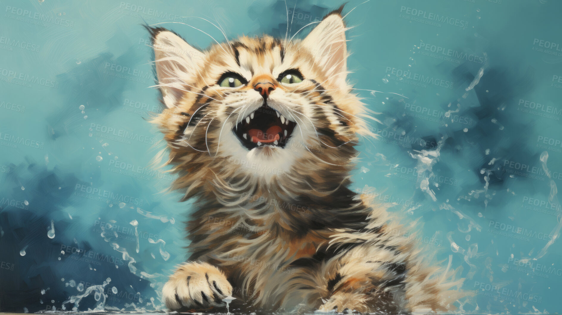 Buy stock photo Happy smiling cat on blue green background, illustrated.