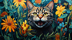 Happy smiling cat on floral background, illustrated.