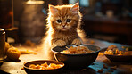 Small kitten eating, looking at food bowl, illustrated.