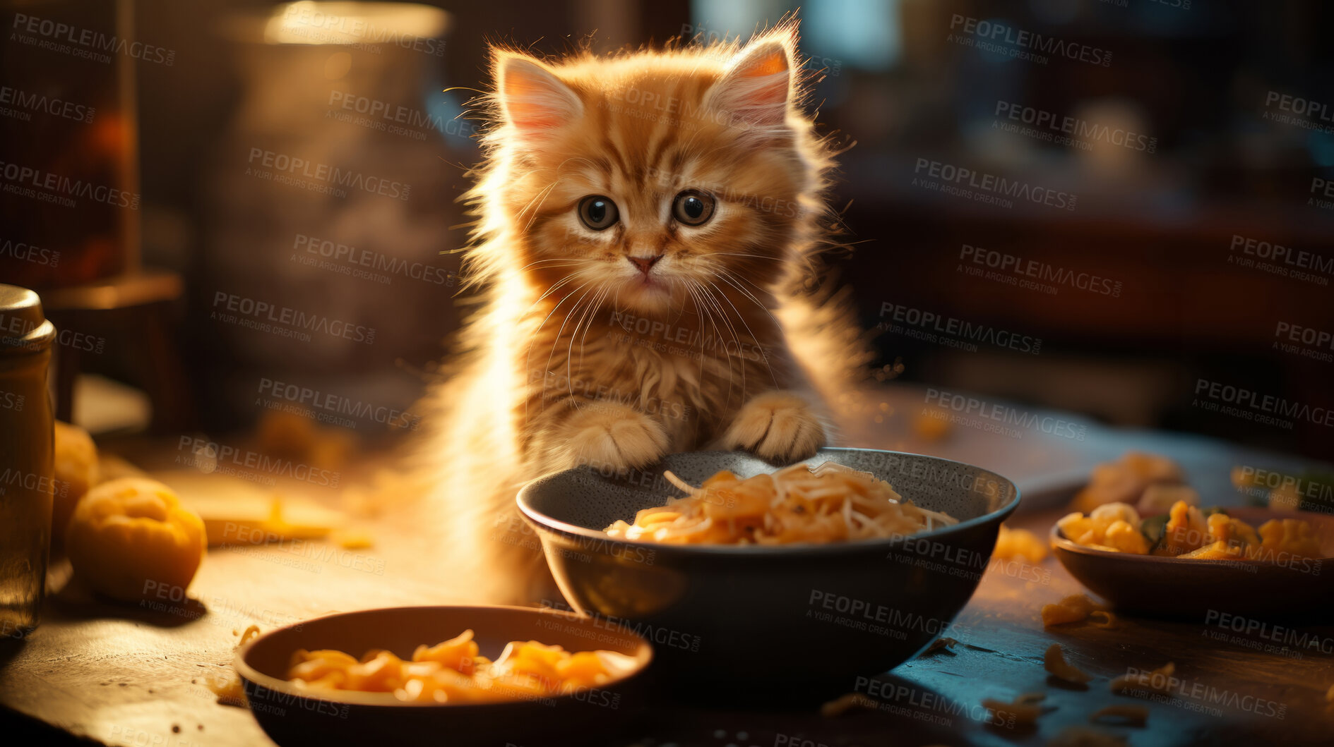 Buy stock photo Small kitten eating, looking at food bowl, illustrated.