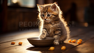 Buy stock photo Small kitten eating, looking at food bowl, illustrated.