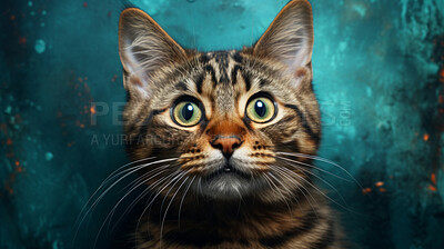 Buy stock photo Cat staring on blue green background, illustrated.