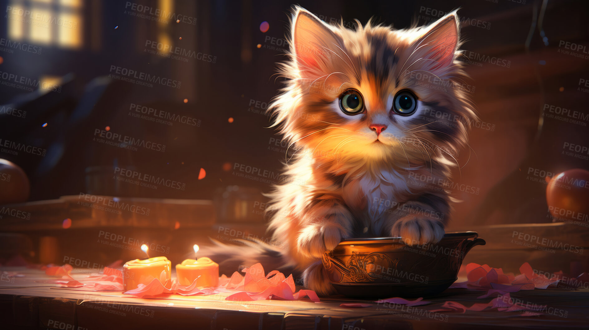 Buy stock photo Small kitten eating, looking at food bowl, illustrated.