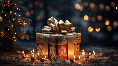 Gift box with bow, on table with blurred lights.