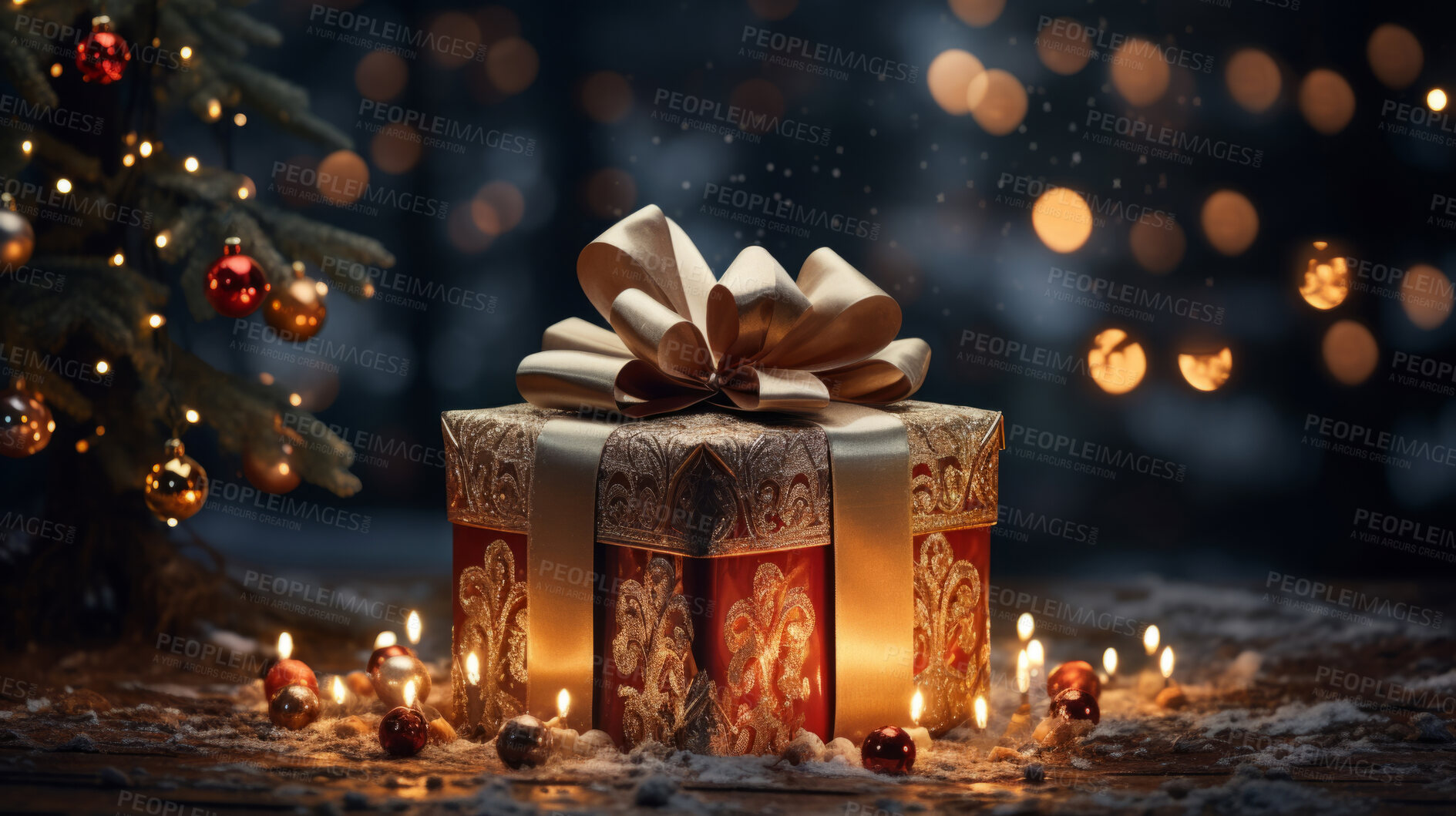 Buy stock photo Gift box with bow, on table with blurred lights.