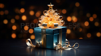 Buy stock photo Gift box with bow, on table with blurred lights.