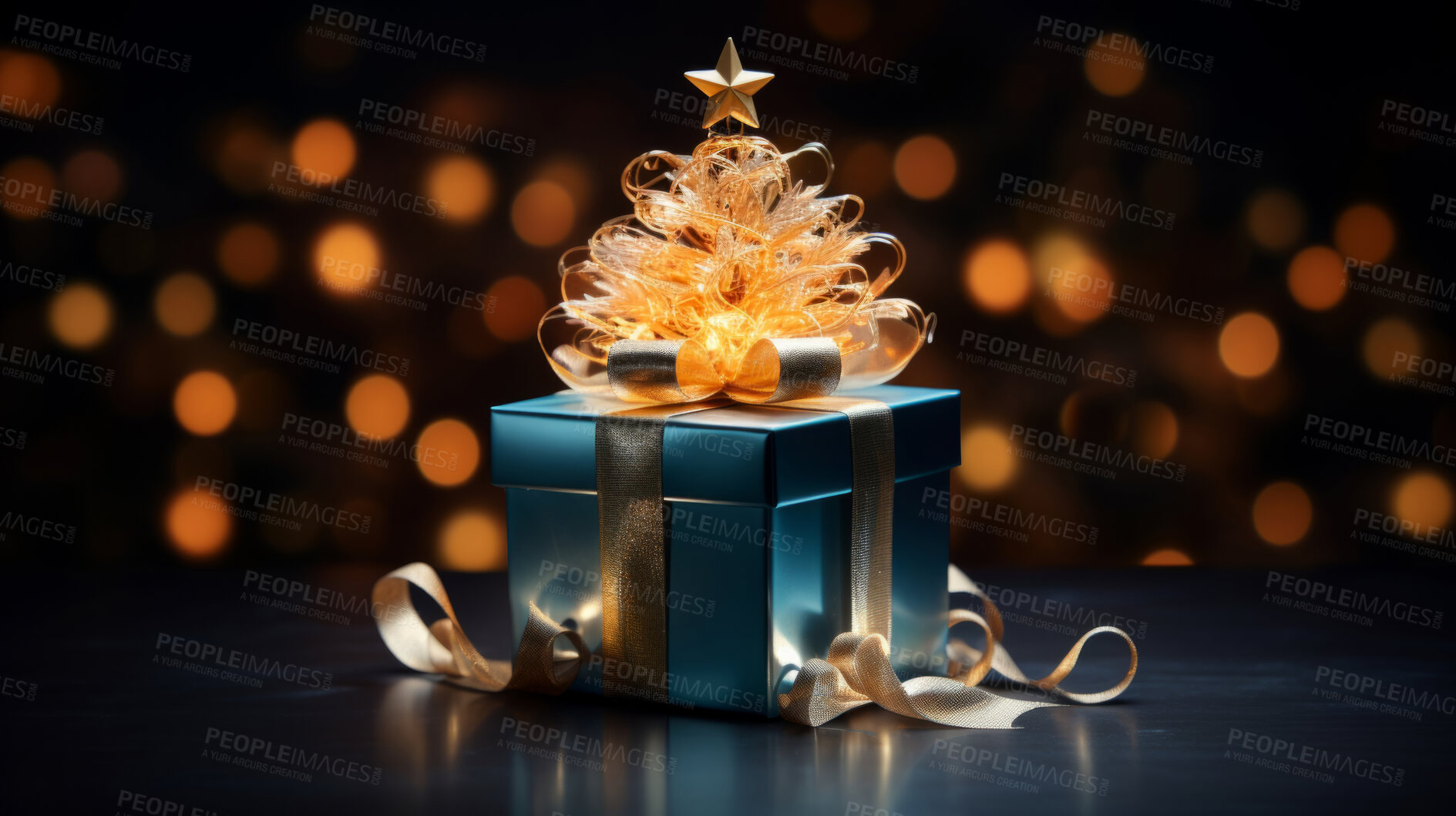 Buy stock photo Gift box with bow, on table with blurred lights.