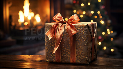 Gift box with bow, on table with blurred lights.