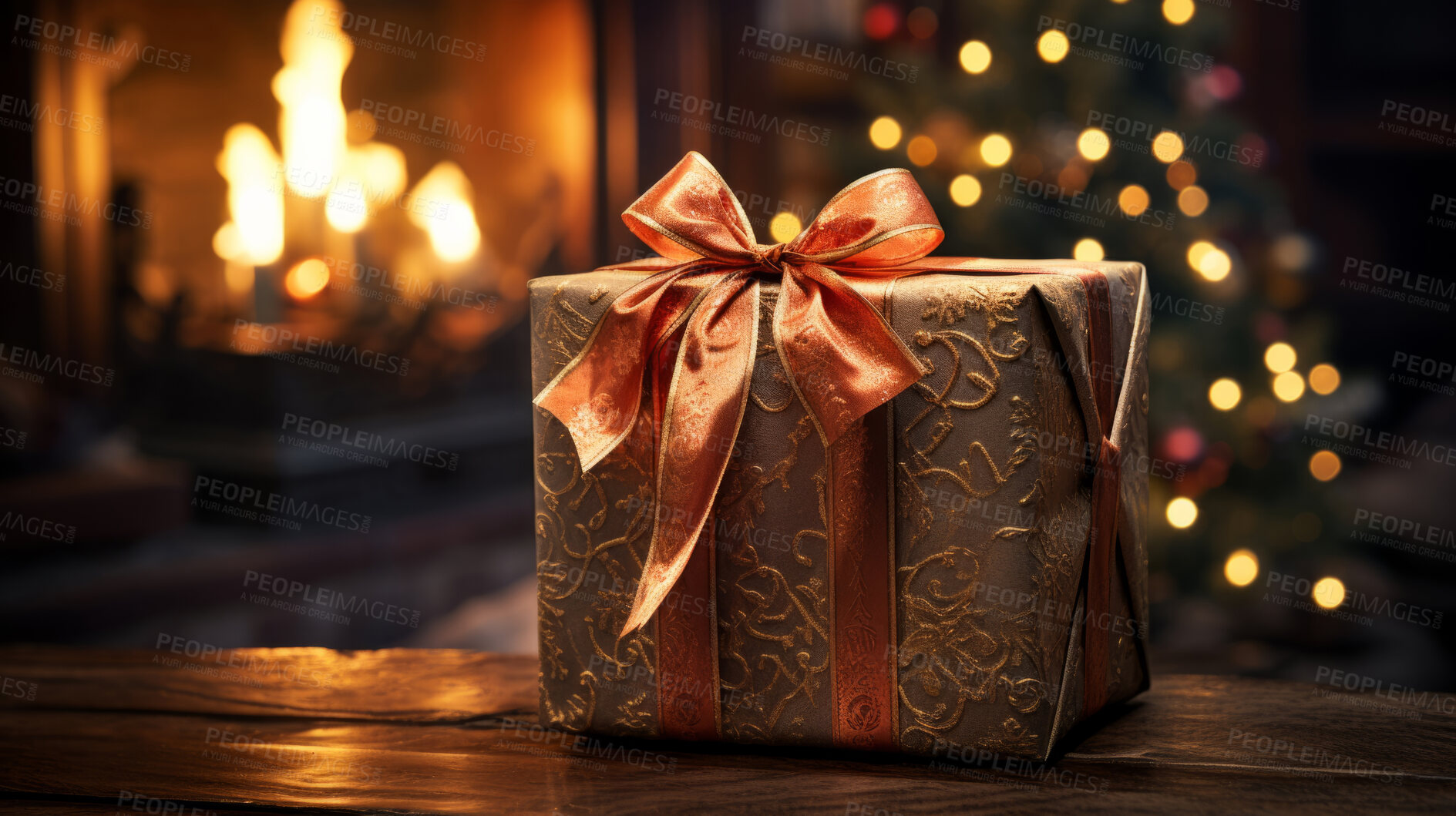 Buy stock photo Gift box with bow, on table with blurred lights.