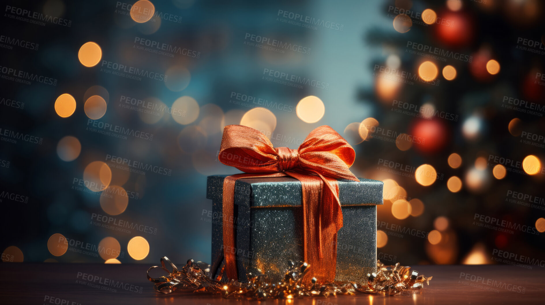 Buy stock photo Gift box with bow, on table with blurred lights.