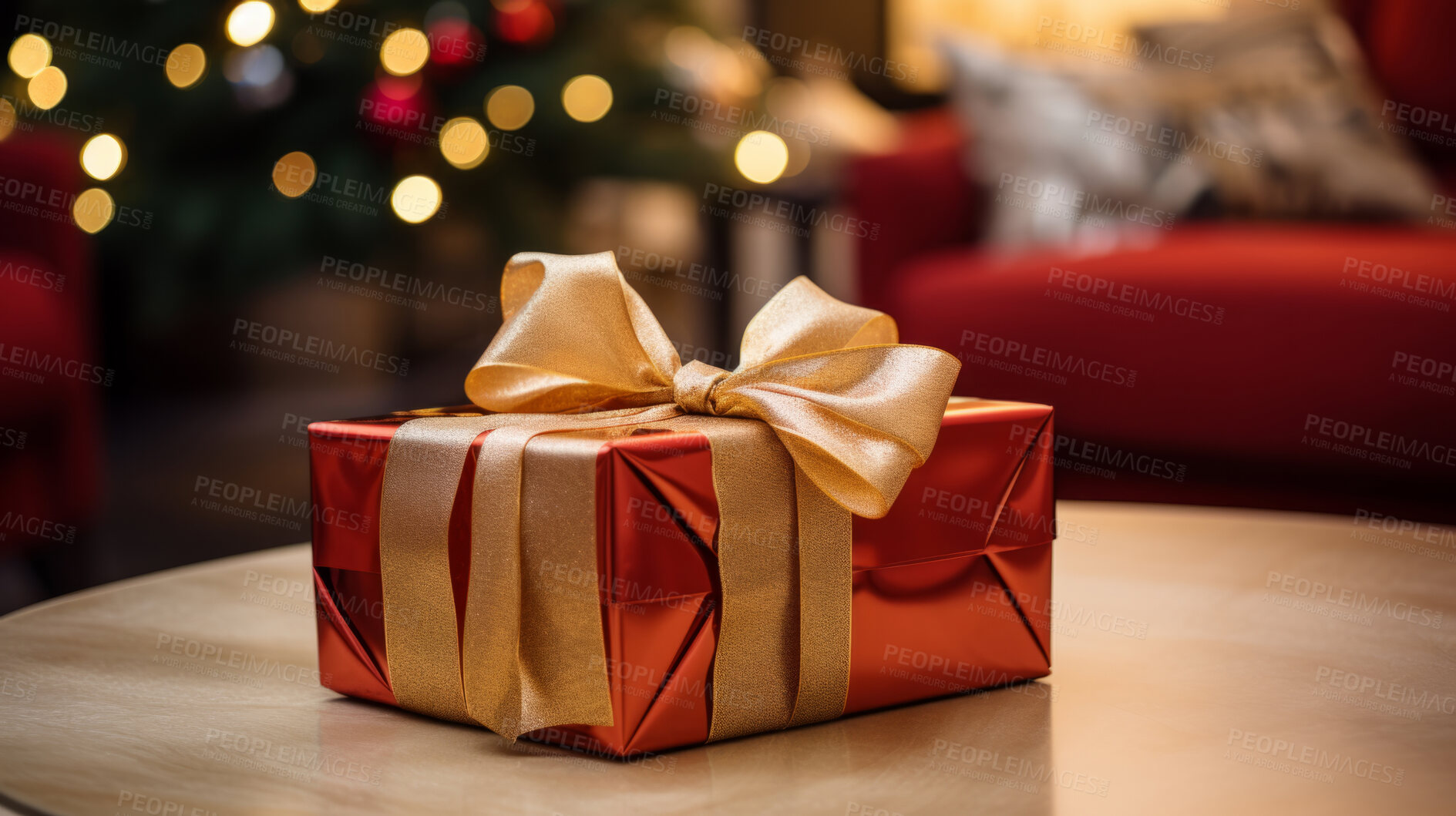 Buy stock photo Gift box with bow, on table with blurred lights.