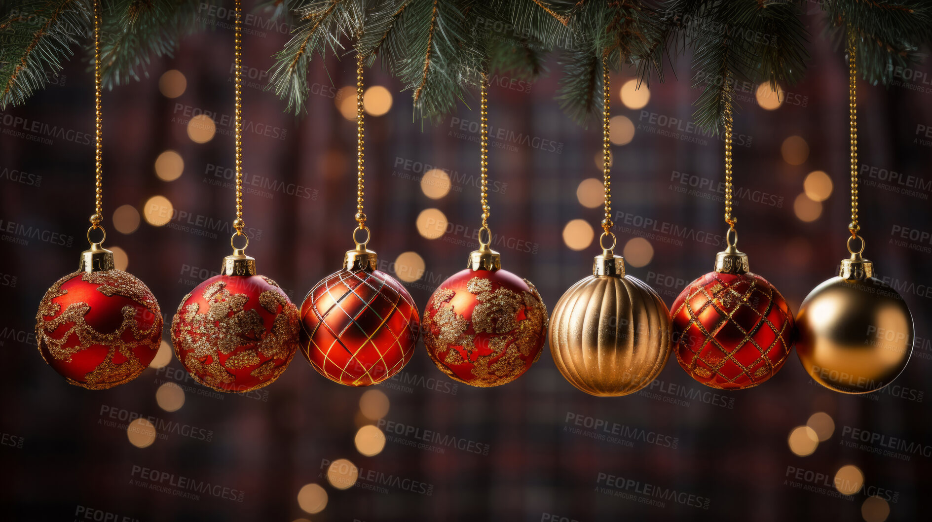Buy stock photo Christmas ornaments hanging from branch. Christmas decorations.