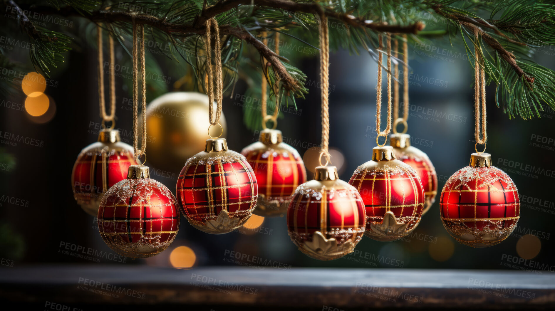 Buy stock photo Christmas ornaments hanging from branch. Christmas decorations.