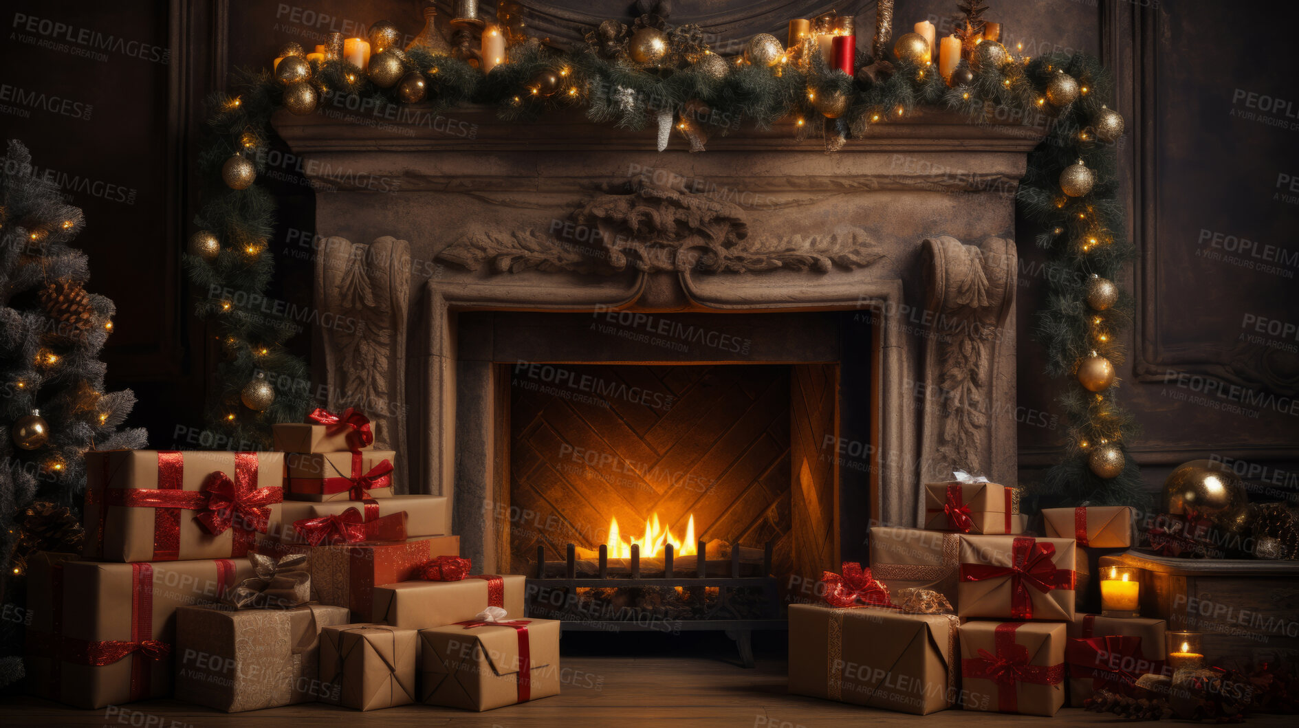 Buy stock photo Cozy fireplace at home with Christmas tree and presents.