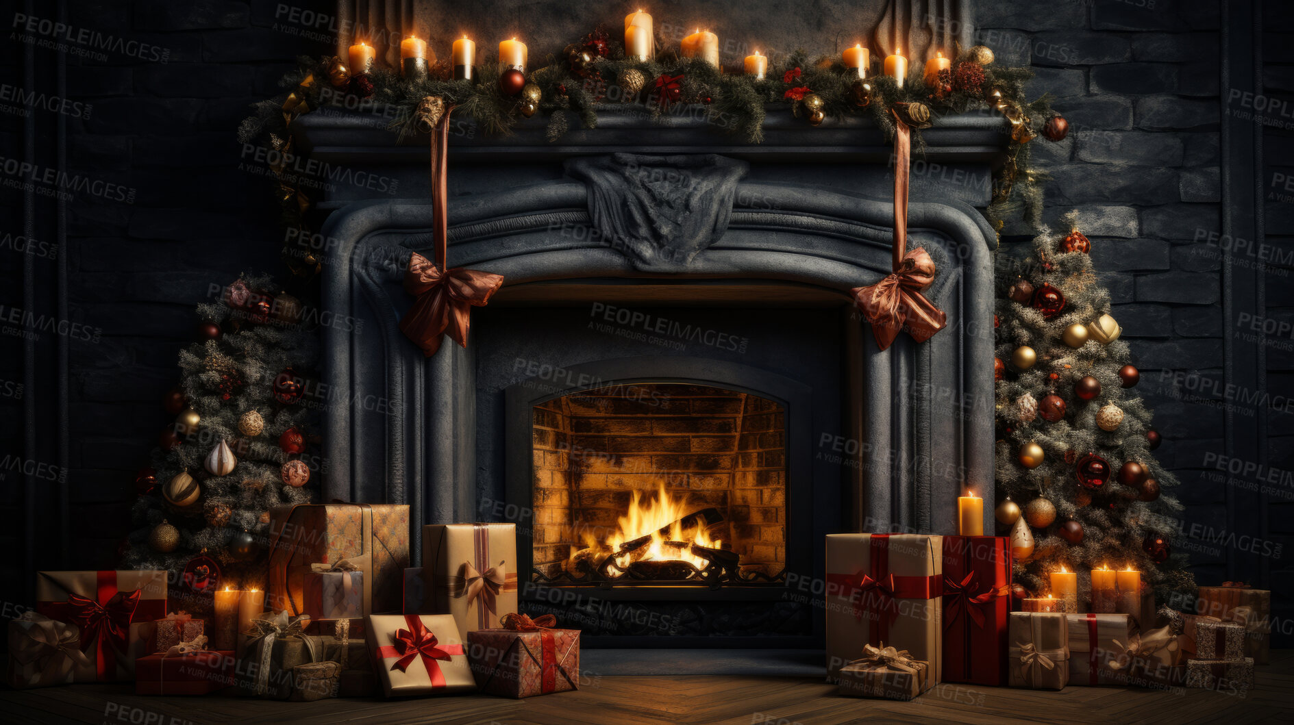 Buy stock photo Cozy fireplace at home with Christmas tree and presents.