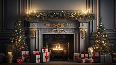 Buy stock photo Cozy fireplace at home with Christmas tree and presents.