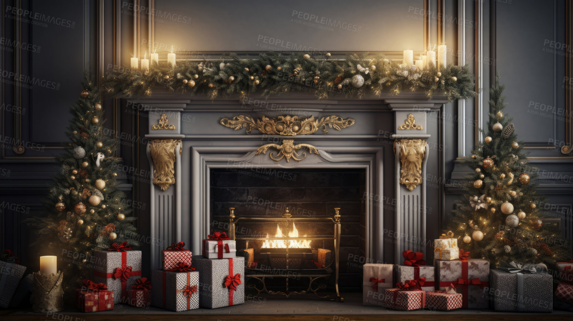 Buy stock photo Cozy fireplace at home with Christmas tree and presents.