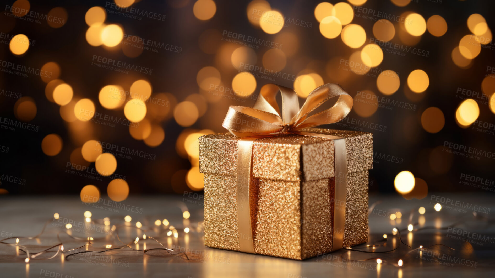 Buy stock photo Christmas gift box, gold wrapping, golden bow, bokeh background.