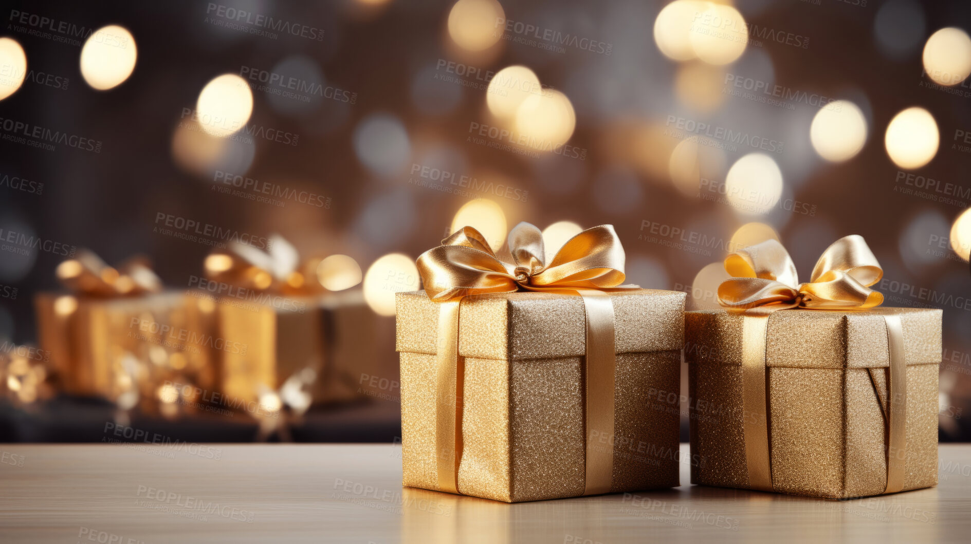 Buy stock photo Christmas gift box, gold wrapping, golden bow, bokeh background.