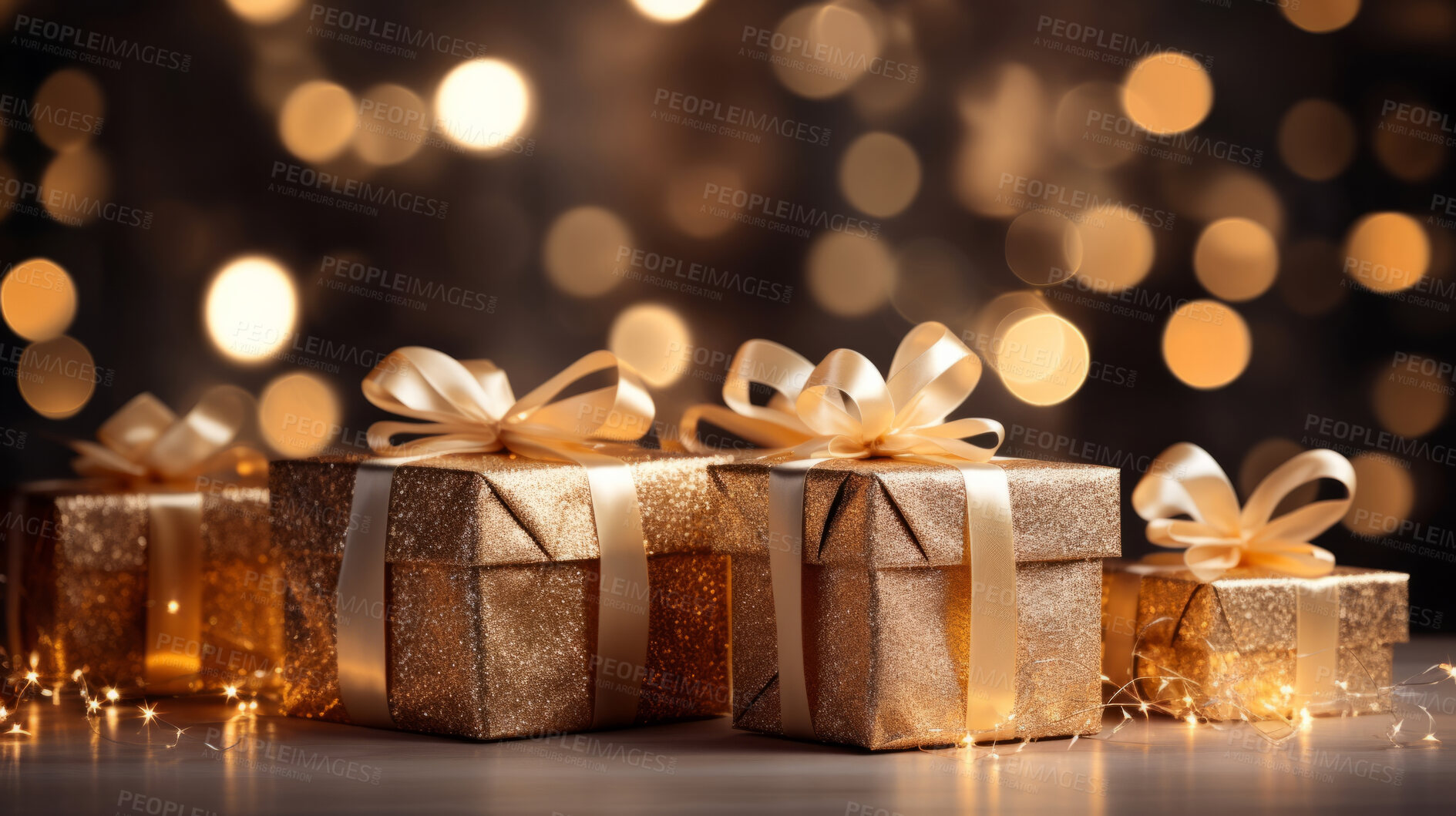 Buy stock photo Christmas gift box, gold wrapping, golden bow, bokeh background.