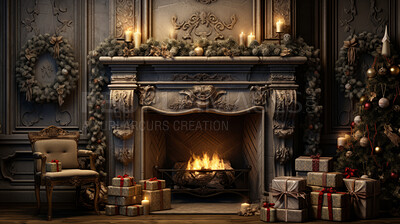 Buy stock photo Cozy fireplace at home with Christmas tree and presents.