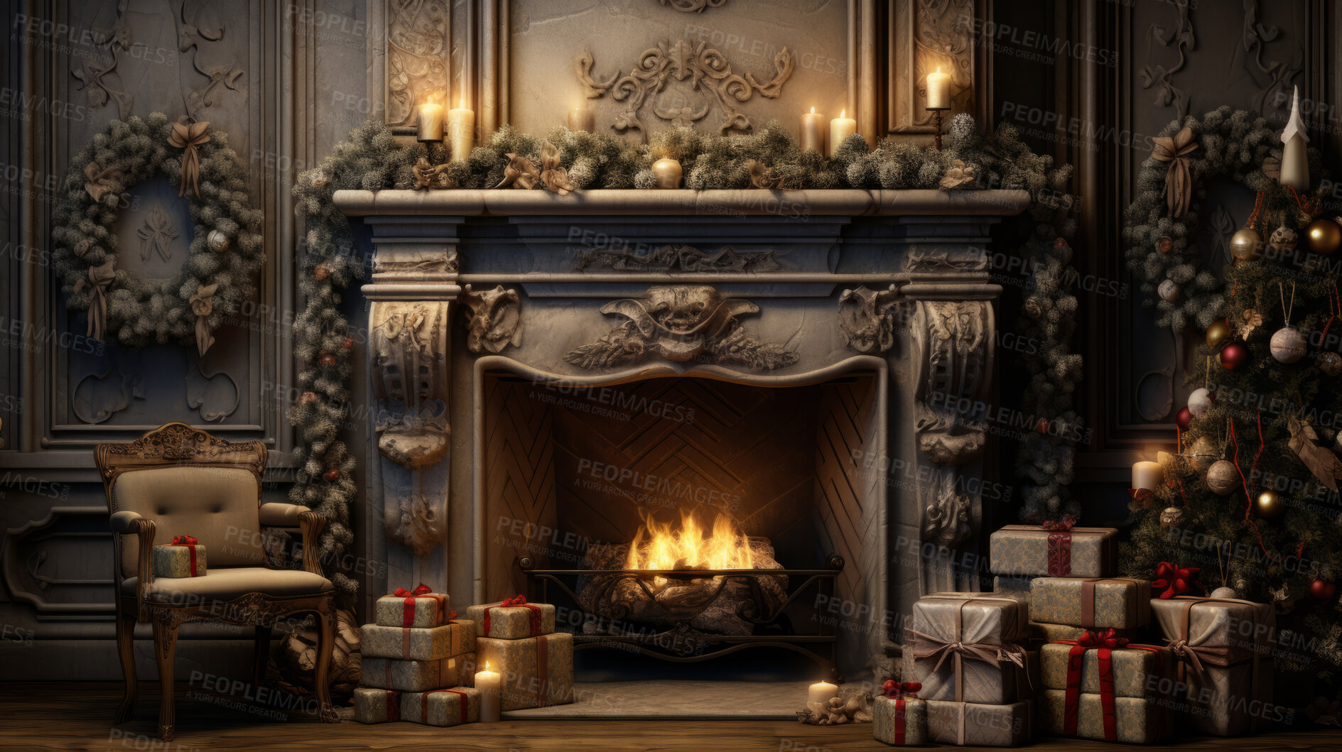 Buy stock photo Cozy fireplace at home with Christmas tree and presents.