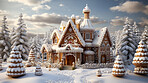 Gingerbread house with trees and snow in the background. Winter Wonderland.