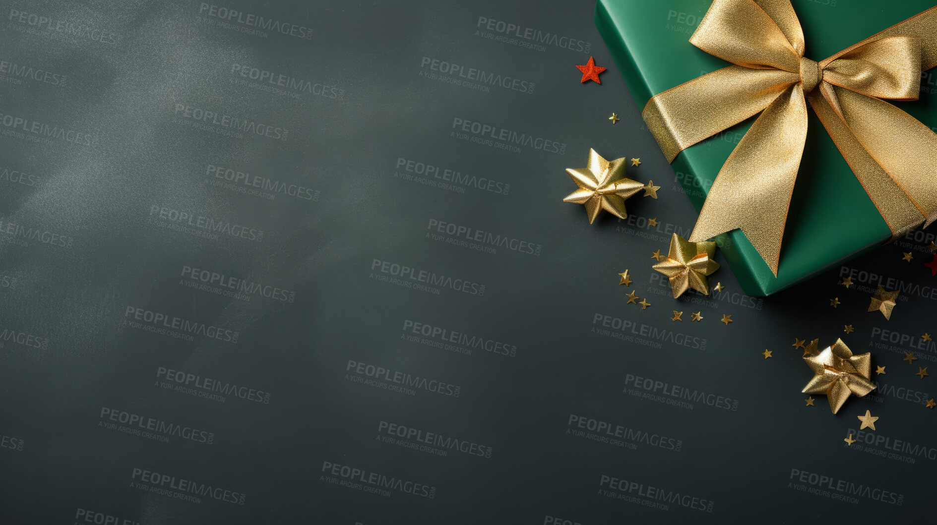 Buy stock photo Christmas gift box, gold star, golden bow. Festive background.