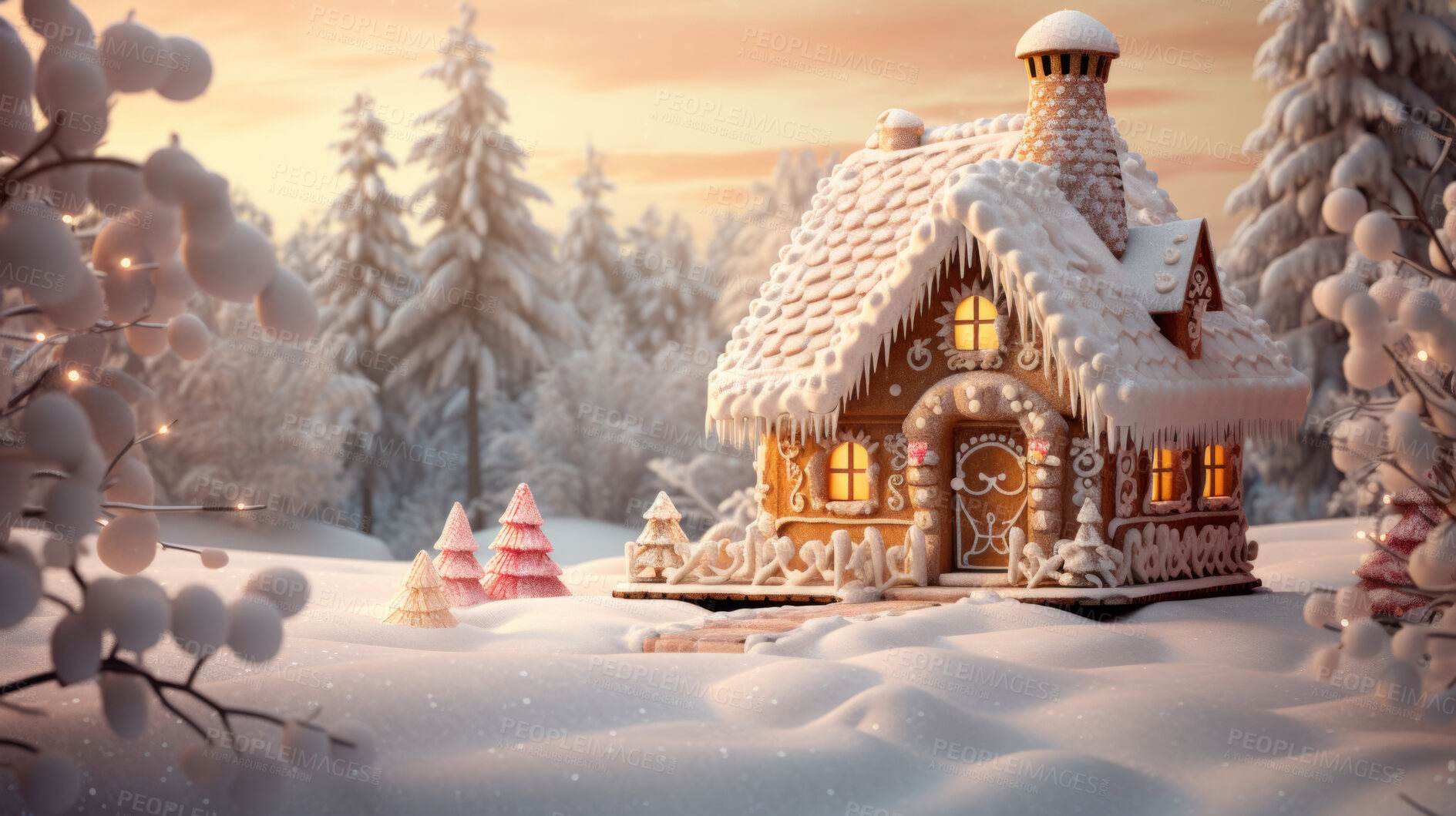 Buy stock photo Gingerbread house with trees and snow in the background. Winter Wonderland.