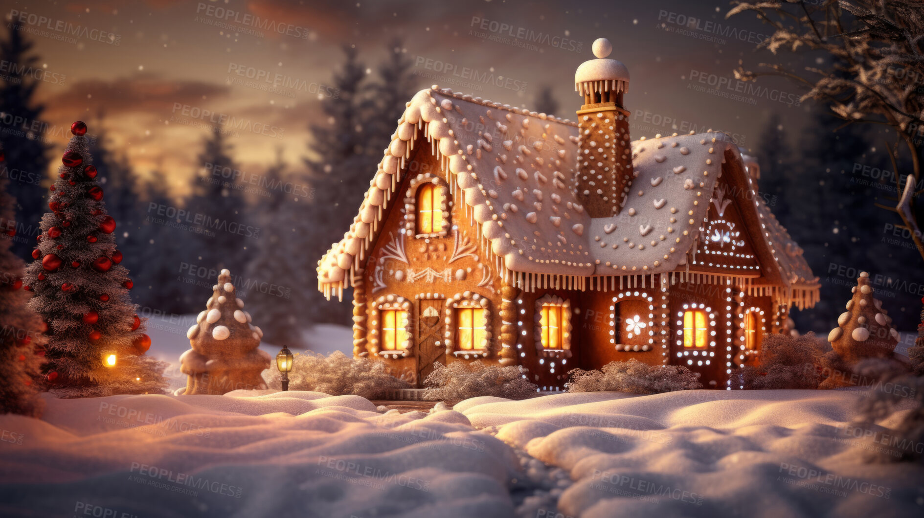 Buy stock photo Gingerbread house with trees and snow in the background. Winter Wonderland.