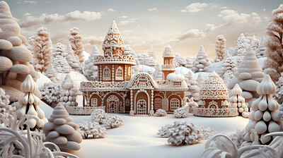 Buy stock photo Gingerbread house with trees and snow in the background. Winter Wonderland.