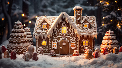 Gingerbread house with trees and snow in the background. Winter Wonderland.