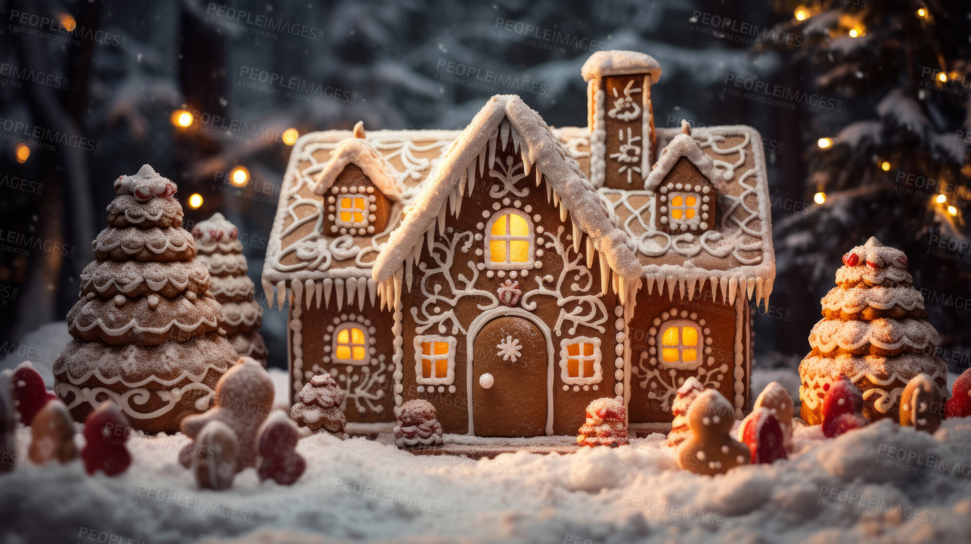 Buy stock photo Gingerbread house with trees and snow in the background. Winter Wonderland.