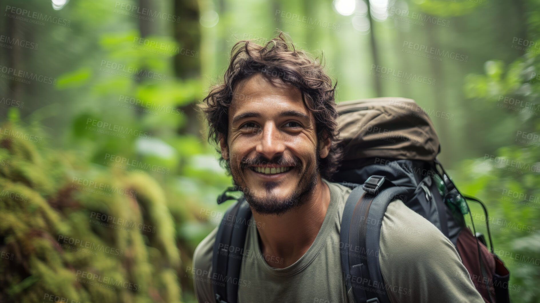 Buy stock photo Portrait of a man or male hiking in a forest. Happy, smiling and looking. Cheerful forest hiker
