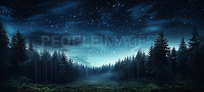 Wide view or panorama of a starry sky seen from the forest or campsite
