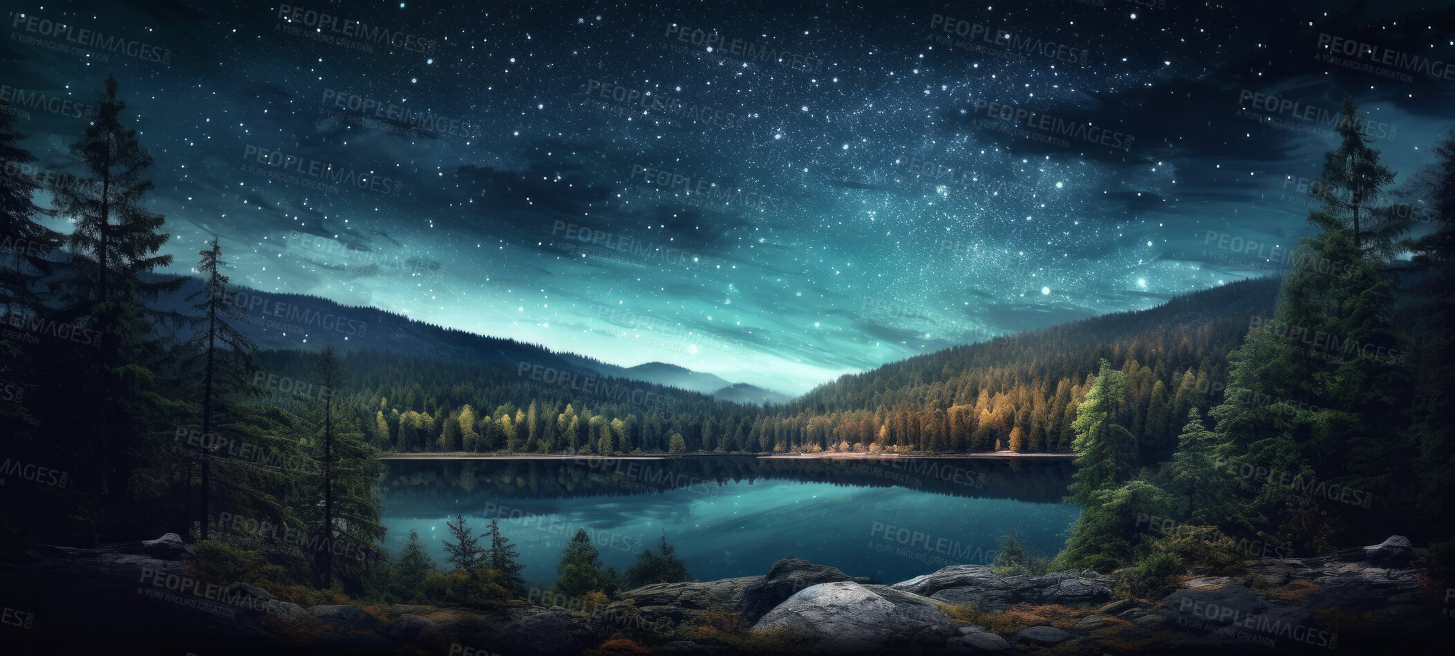 Buy stock photo Wide view or panorama of a starry sky seen from the forest or campsite