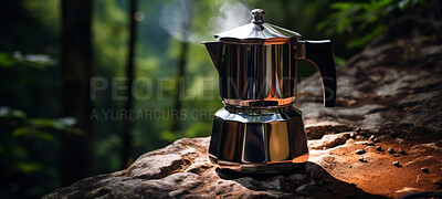 Close-up of coffee maker. Camping and cooking in nature equipment. Campsite utensil