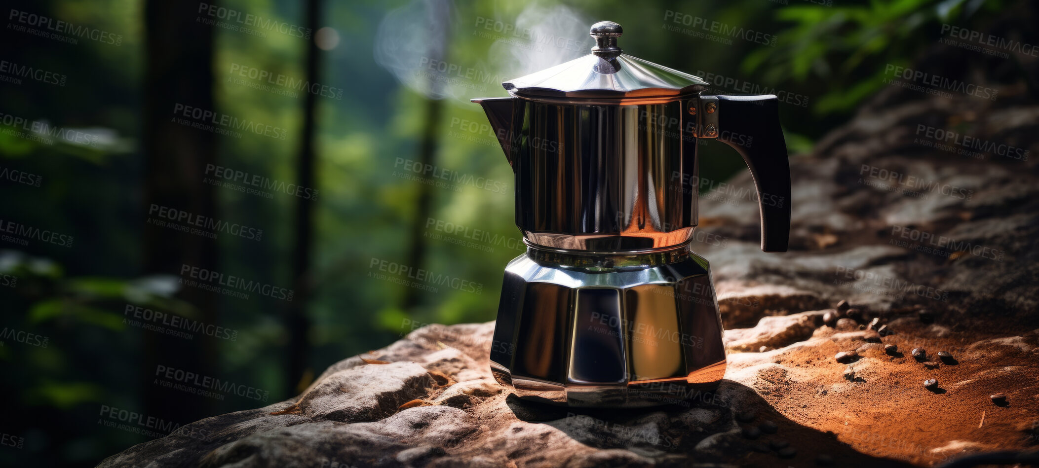 Buy stock photo Close-up of coffee maker. Camping and cooking in nature equipment. Campsite utensil