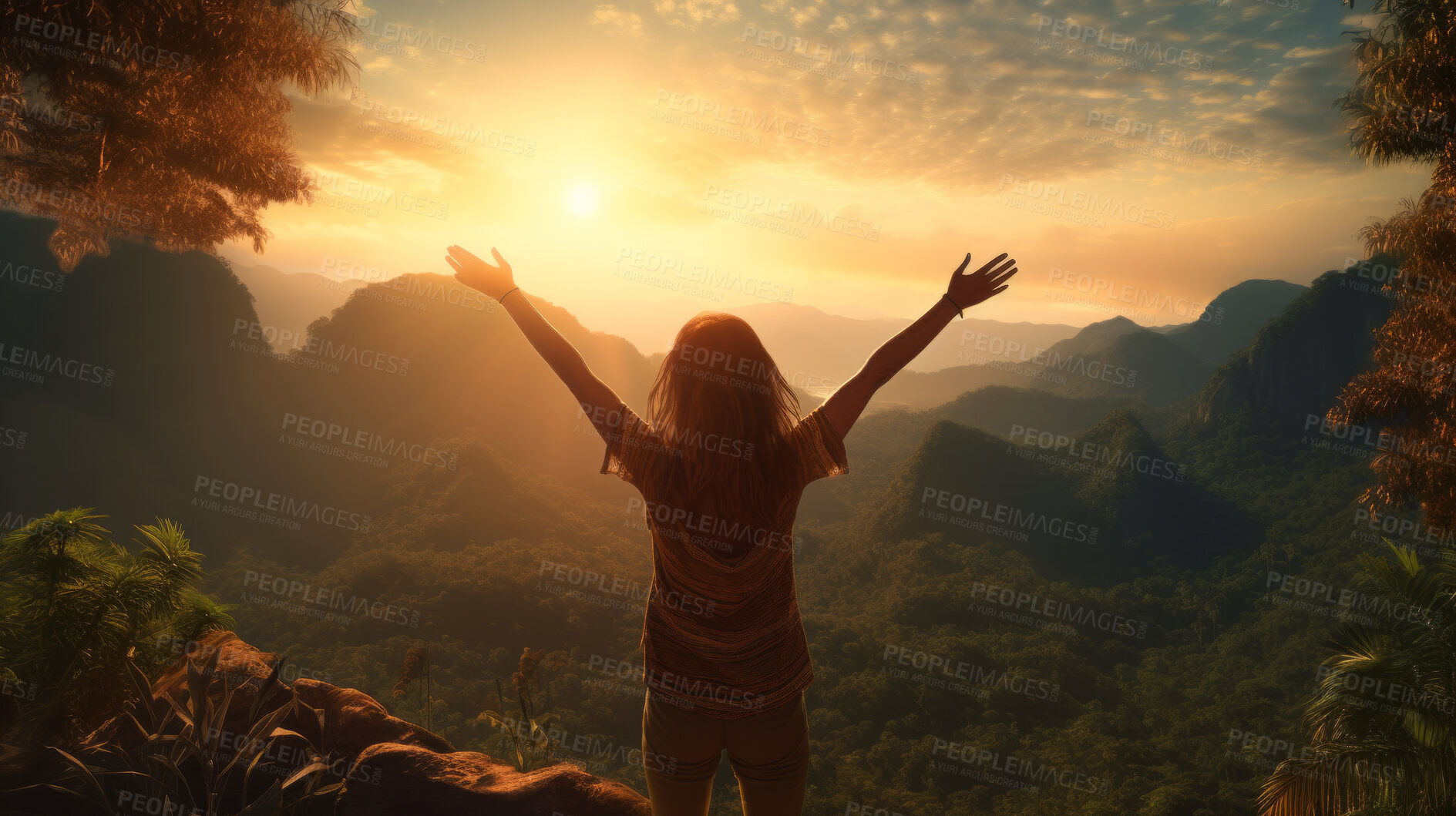 Buy stock photo Rear view of a woman with her hands raised or in the air, Happy and cheerful female