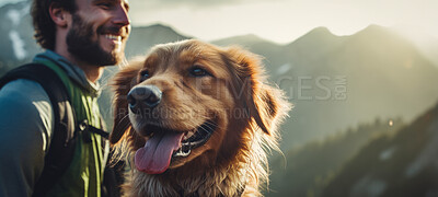 Man hiking with dog. Portrait of male and dog on a hiking trail. For fitness and exploration