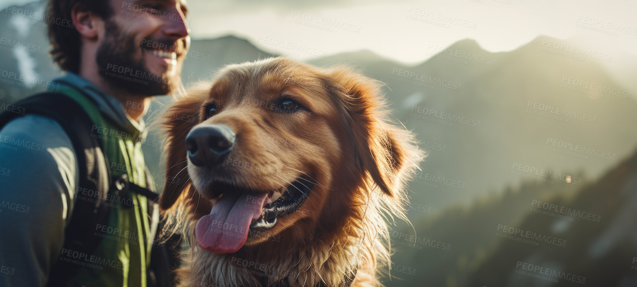 Buy stock photo Man hiking with dog. Portrait of male and dog on a hiking trail. For fitness and exploration